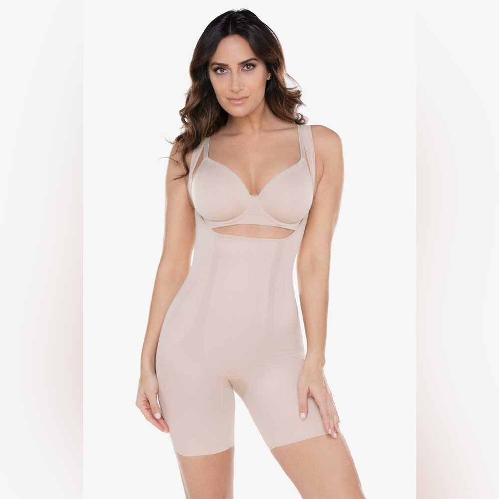NWT Miraclesuit Shape Away® Open Bust Thigh Slimmer Bodysuit, Beige/Nude, LARGE